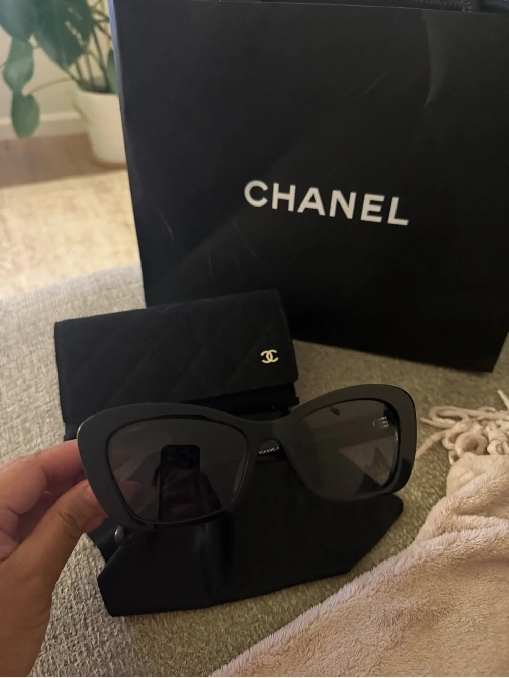 CHANEL Black Oversized Cat-Eye Sunglasses with Quilted Case